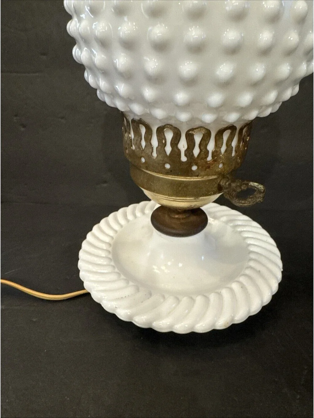 Vintage Milk Glass Hobnail  Electric Bedside Lamp With Hurricane Shade 11” Tall
